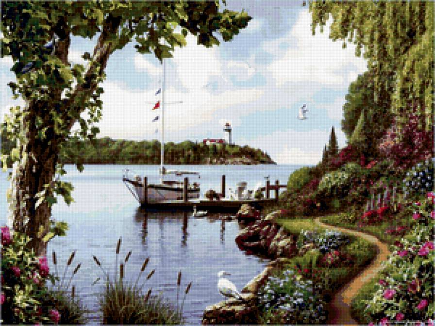 РАЙСКИЙ  УГОЛОК - кораблик, пейзаж, берег, природа, море, цветы - предпросмотр