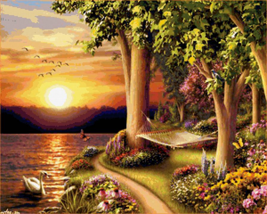 ЗАКАТ - лебедь, берег, цветы, море, природа - предпросмотр