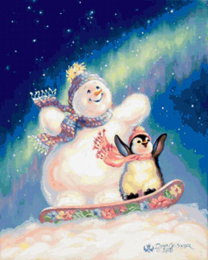 Гори, гори ясно - новый год, праздники, снеговик, скейборд, пингвин, зима - предпросмотр