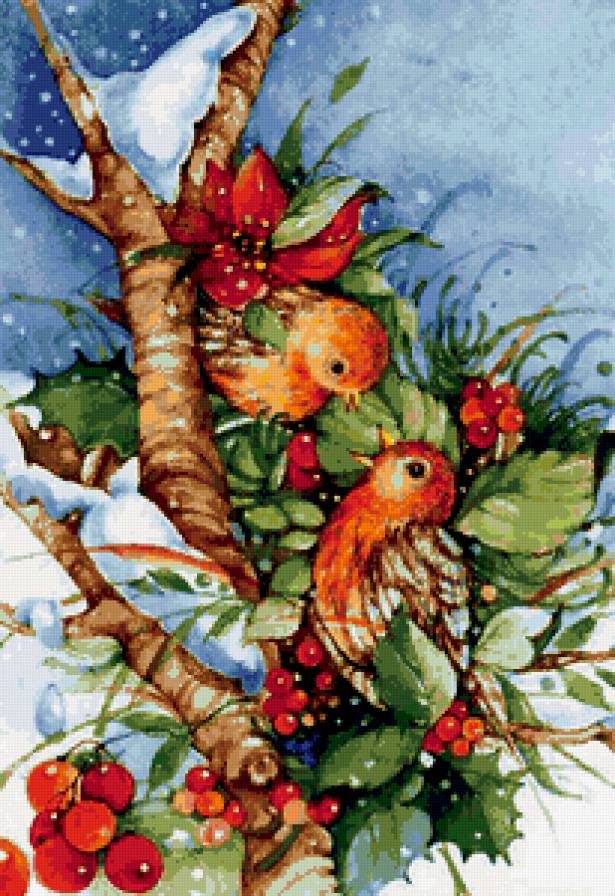 Птички на ветке - зима, птицы - предпросмотр