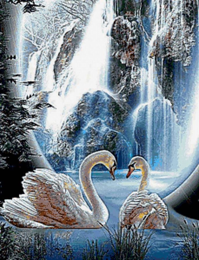 Лебеди у водопада - природа, водопад, лебеди, скалы, озеро - предпросмотр