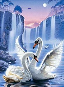 Танец - озеро, водопад, скалы, лебеди, природа - оригинал