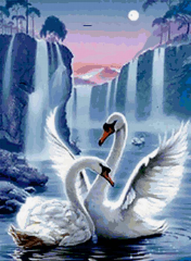 Танец - лебеди, водопад, скалы, озеро, природа - предпросмотр