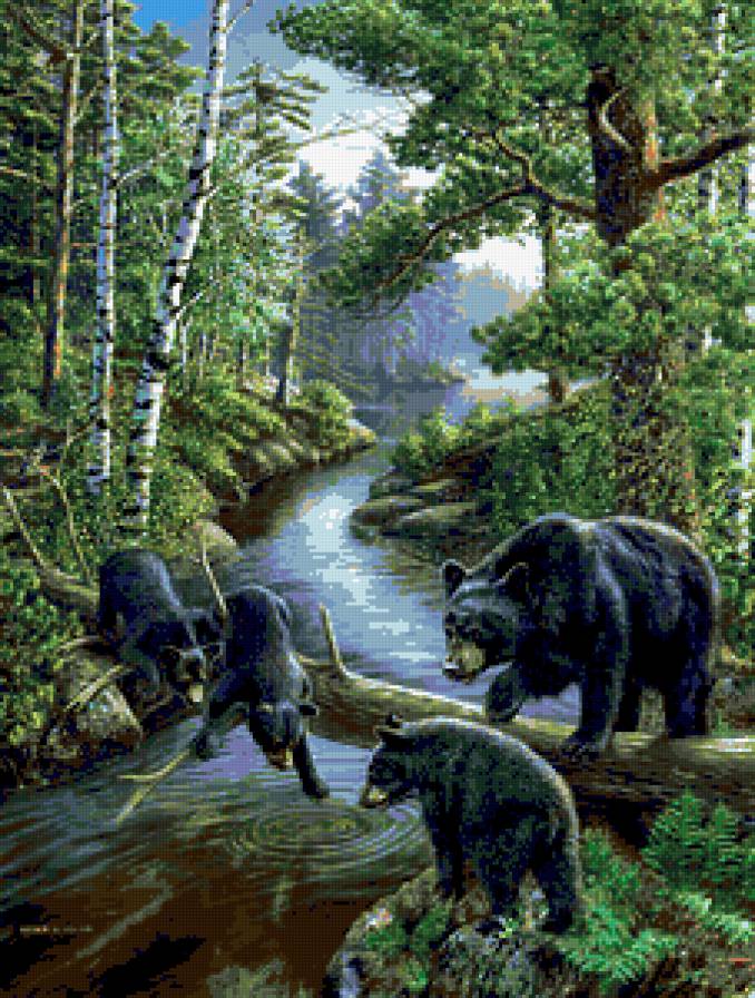 №232268 - картина, мишки, природа, животные, пейзаж, река - предпросмотр