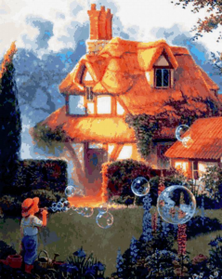 картина - сад, фантазия, домик, живопись, лето, утро - предпросмотр