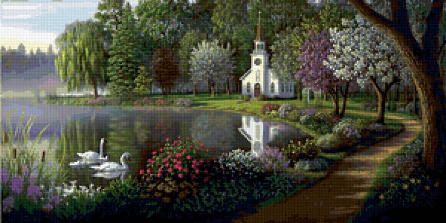 райское место - природа, здание, пейзаж, лебеди, озеро, храм - предпросмотр