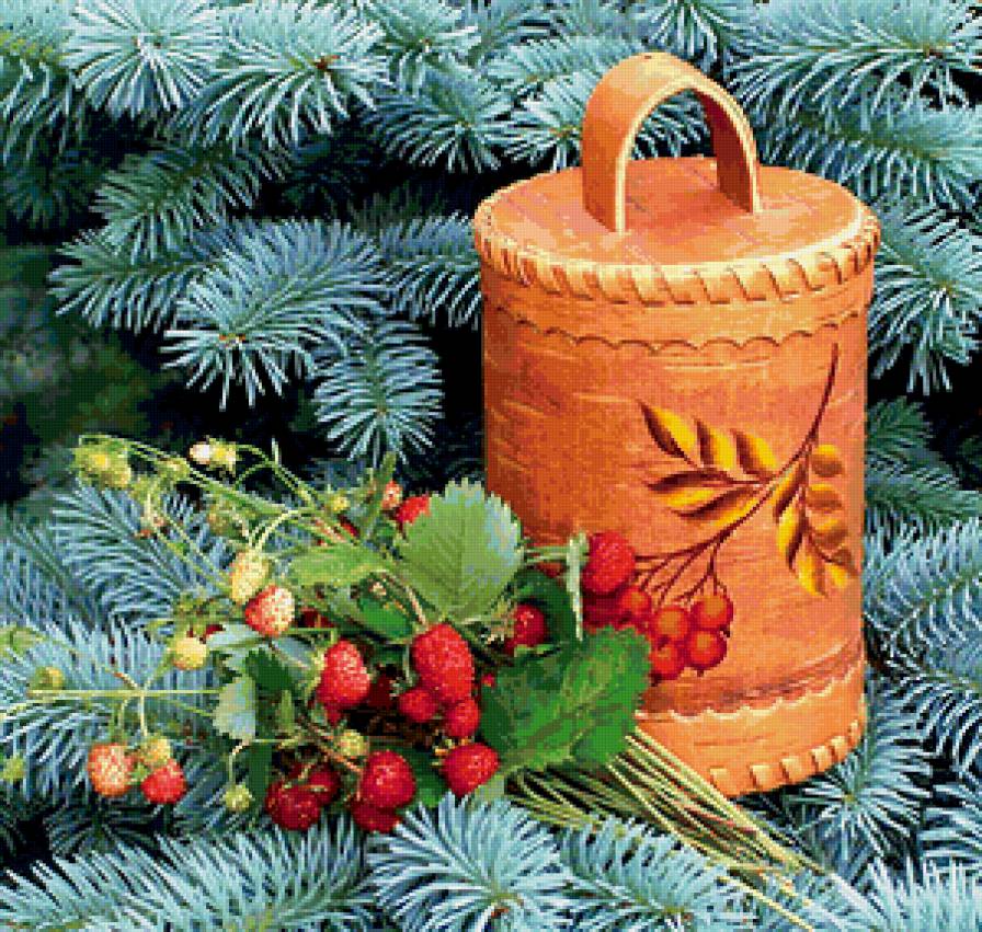 Туесок - земляника, голубая ель, ель, ягоды, туесок - предпросмотр