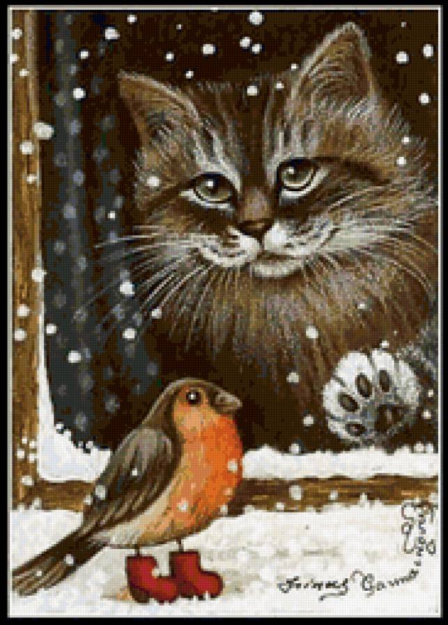 КОШКА И ПТИЧКА - кот, животные, зима, птицы, окно, снегирь - предпросмотр