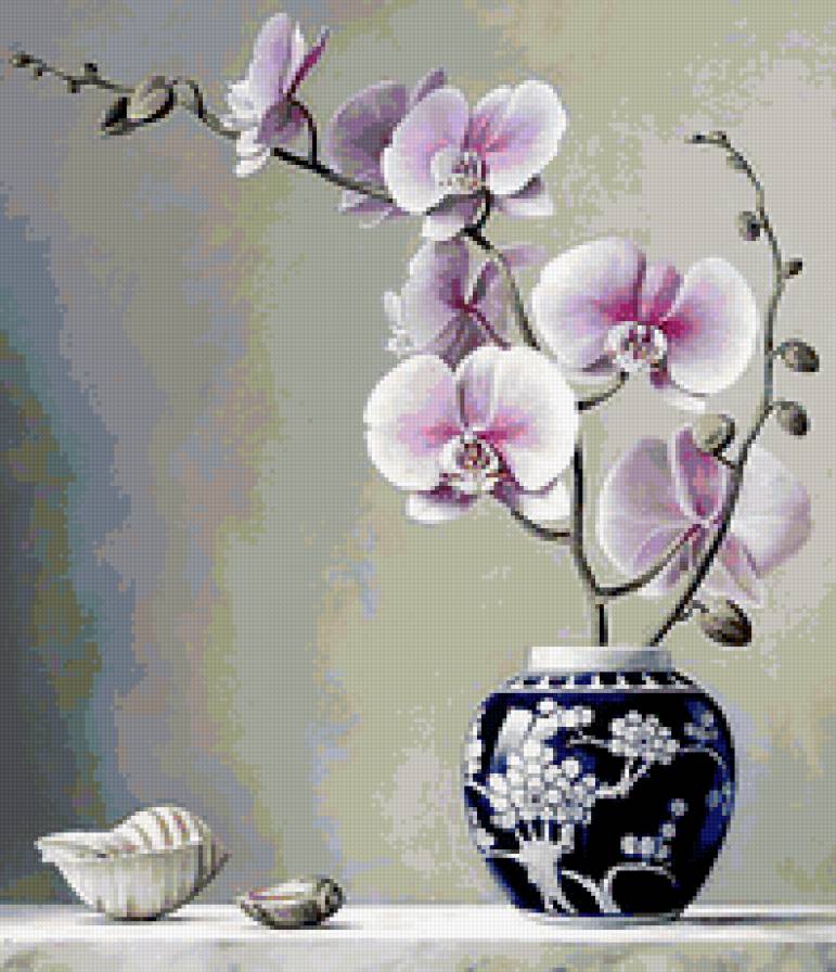 ОРХИДЕЯ - натюрморт, цветы, ракушки, композиция, ваза. кобальт - предпросмотр