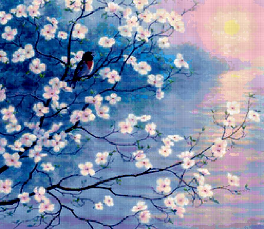 весенний сад - сад, птицы.весна, живопись, пейзаж, картина, природа - предпросмотр