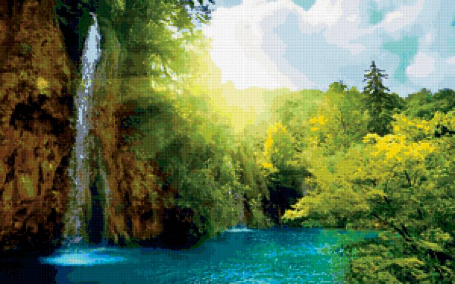 Пейзаж - пейзаж, солнечный луч, водопад, солнце - предпросмотр