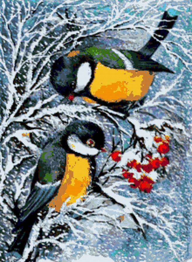 Синички и рябина - птички, ягодки, синички, птицы, синицы, рябина - предпросмотр