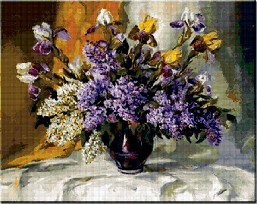 Сирень и ирисы - натюрморт, цветы, букет - предпросмотр