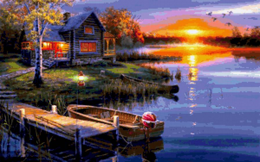 Закат - речка, закат, пейзаж, лодка, вода, картина, дом - предпросмотр
