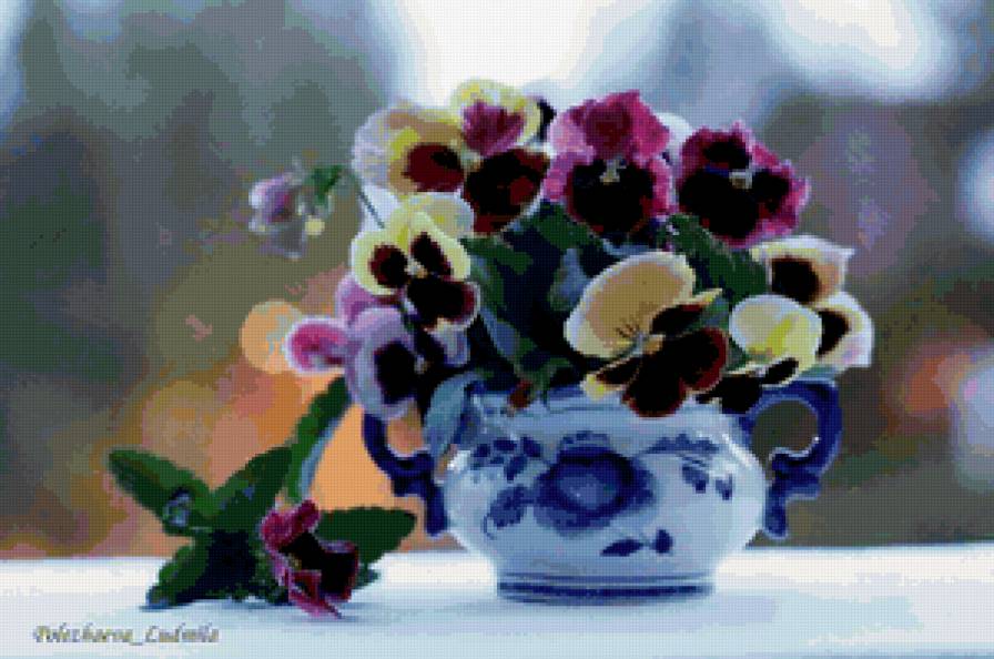 Анютки - анютки, букет, гжель, натюрморт с гжлью, натюрморт, цветы - предпросмотр