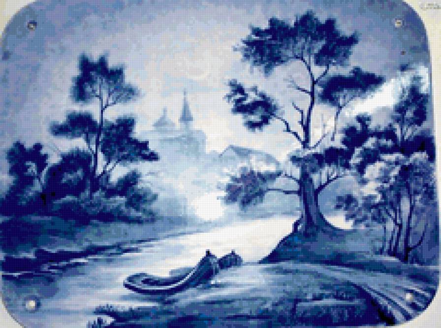 ПЕЙЗАЖ - времена года, гжель, природа, подушка, река - предпросмотр