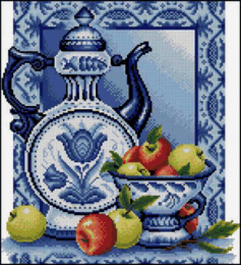 ГЖЕЛЬ - фрукты, посуда-гжель, яблоки, гжель, к чаю, натюрморт с гжелью - предпросмотр