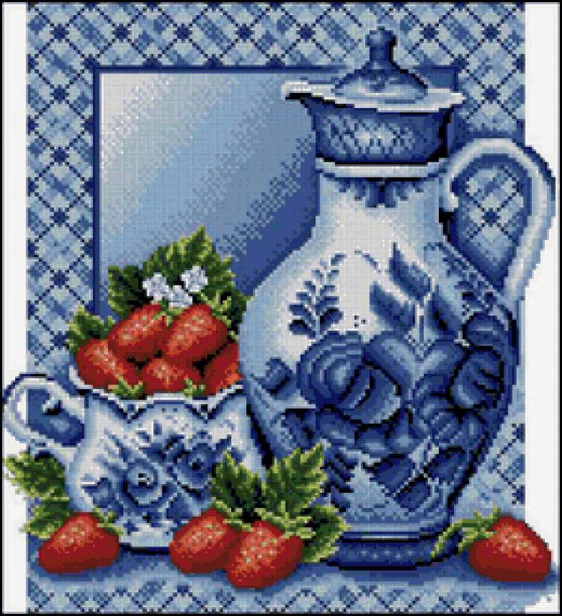 ГЖЕЛЬ - натюрморт с гжелью, клубника, гжель, к чаю, посуда-гжель - предпросмотр