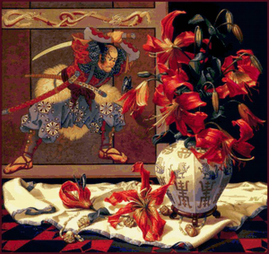 Натюрморт Самурай и красные лилии - японская живопись, лилии, натюрморт, ваза, цветы, самурай - предпросмотр