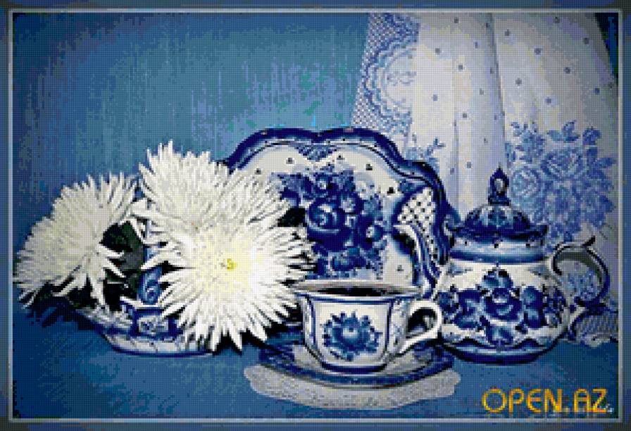 ГЖЕЛЬ - посуда-гжель, посуда, натюрморт с гжелью, георгины, цветы - предпросмотр