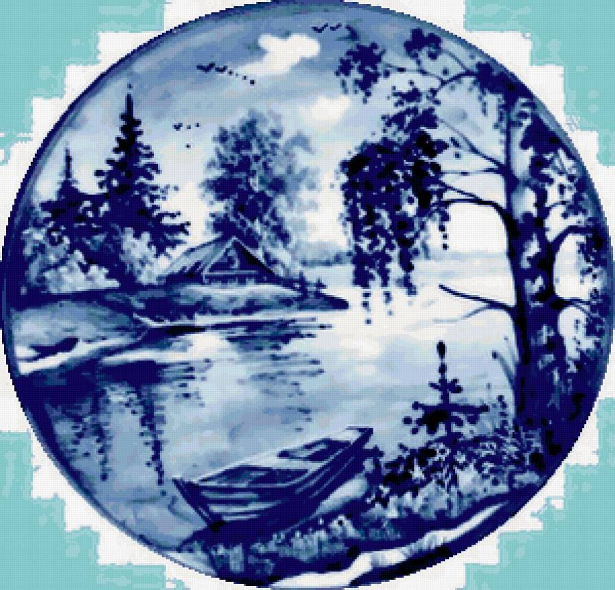 ГЖЕЛЬ - река, подушка, лодка, природа, нейзаж, картина с гжелью - предпросмотр