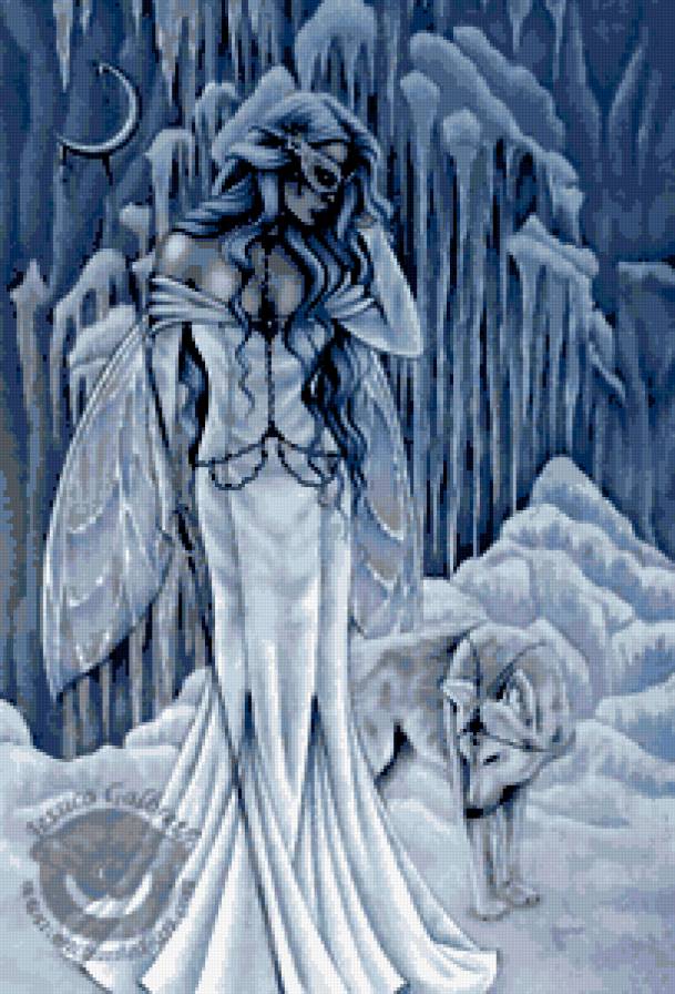 фея и волк - монохром, волки, сказка, мифология, миф, девушка, фентези, феи, животные - предпросмотр