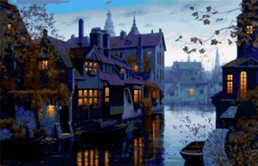 БЕЛЫЕ НОЧИ - ночь, городской пейзаж, побережье, северные сияние, дома - предпросмотр