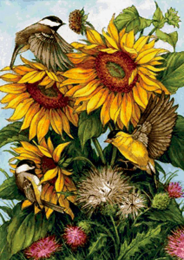 ПОДСОЛНУХИ - времена года, картина, птички, лето, подсолнух - предпросмотр