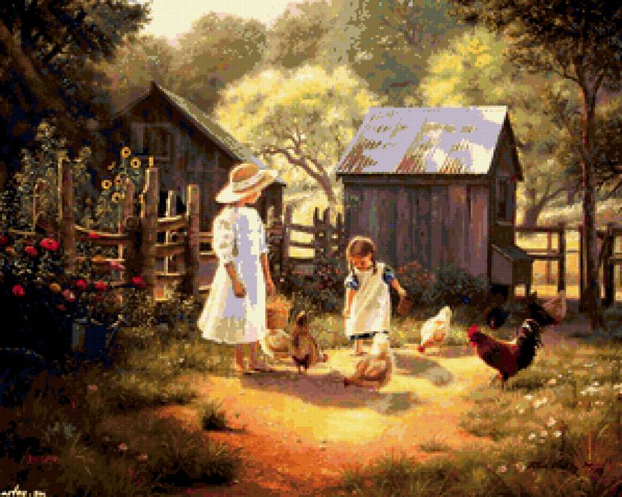 Птичий двор 2 - девочка, деревня, двор, птицы - предпросмотр