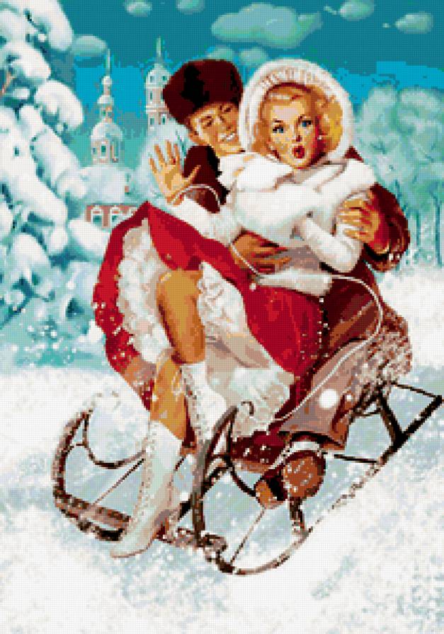 мужчина и женщина - любовь, пара, санки, двое, зима, флирт, пинап, влюбленные - предпросмотр