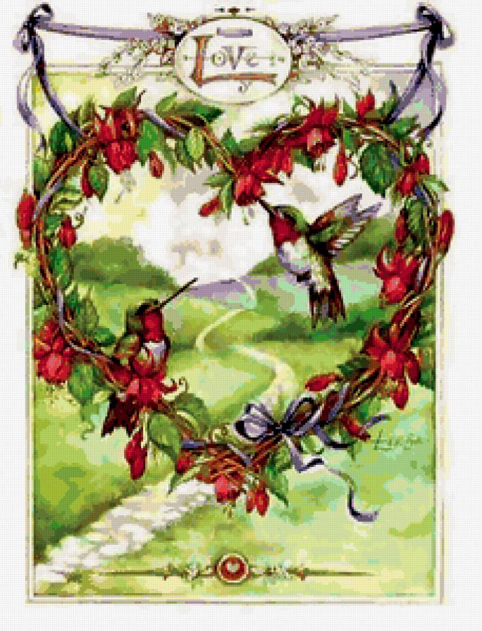 Сердце - любовь, цветы, колибри, валентинка, сердце - предпросмотр