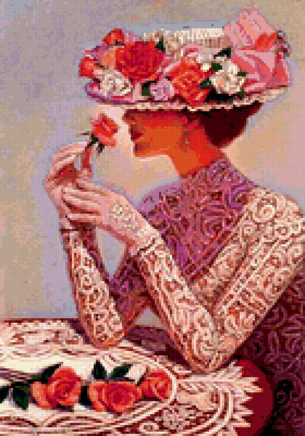 12. Серия "Викторианский стиль" Сью  Холстенбёрг - розы, цветы, шляпа, женщина, кружева, стол - предпросмотр