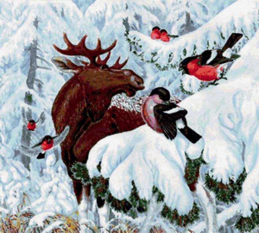 В зимнем лесу - животные, лось, анималисты, зима, снег, снегири, лес - предпросмотр