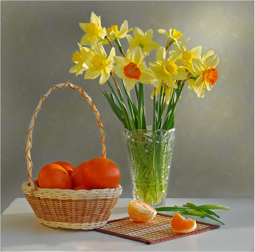 натюрморт - натюрморт, цветы, мандарины, нарцисы - оригинал