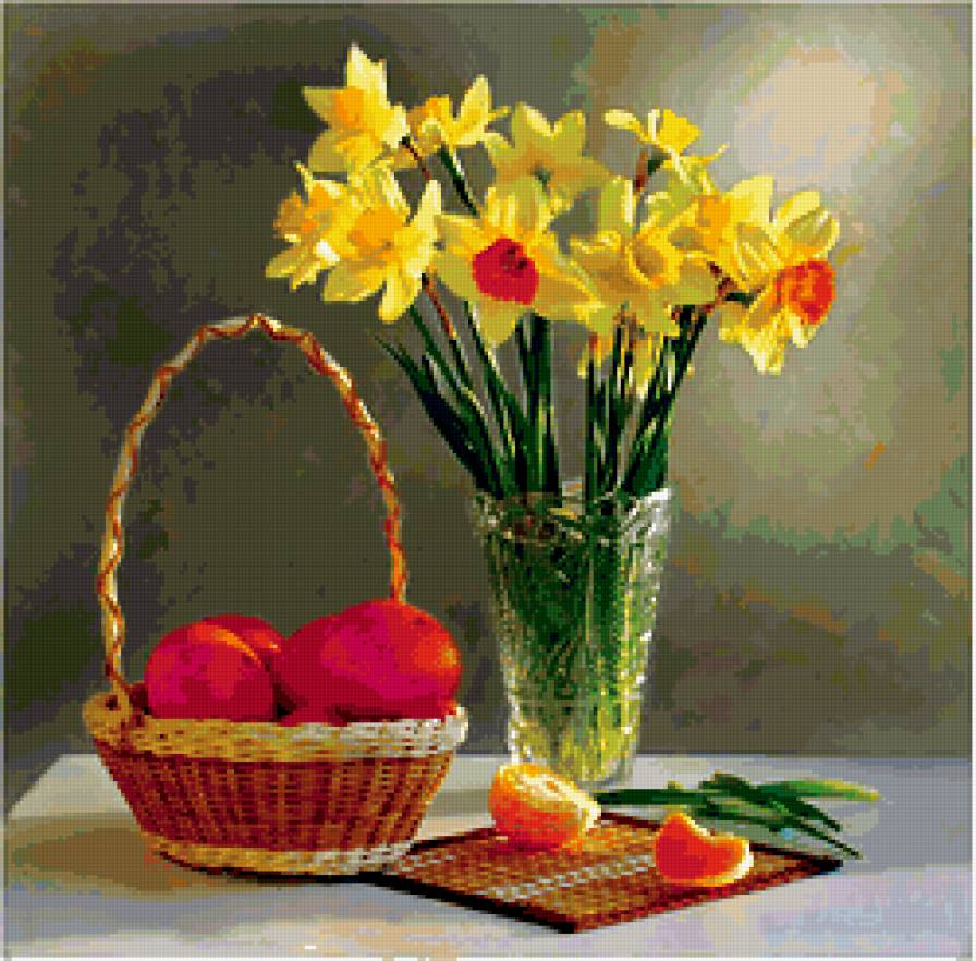 натюрморт - натюрморт, нарцисы, цветы, мандарины - предпросмотр