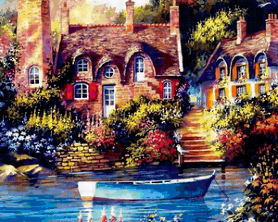 №238067 - природа, река, лодка, цветы, фэнтези, сказка, домик - предпросмотр