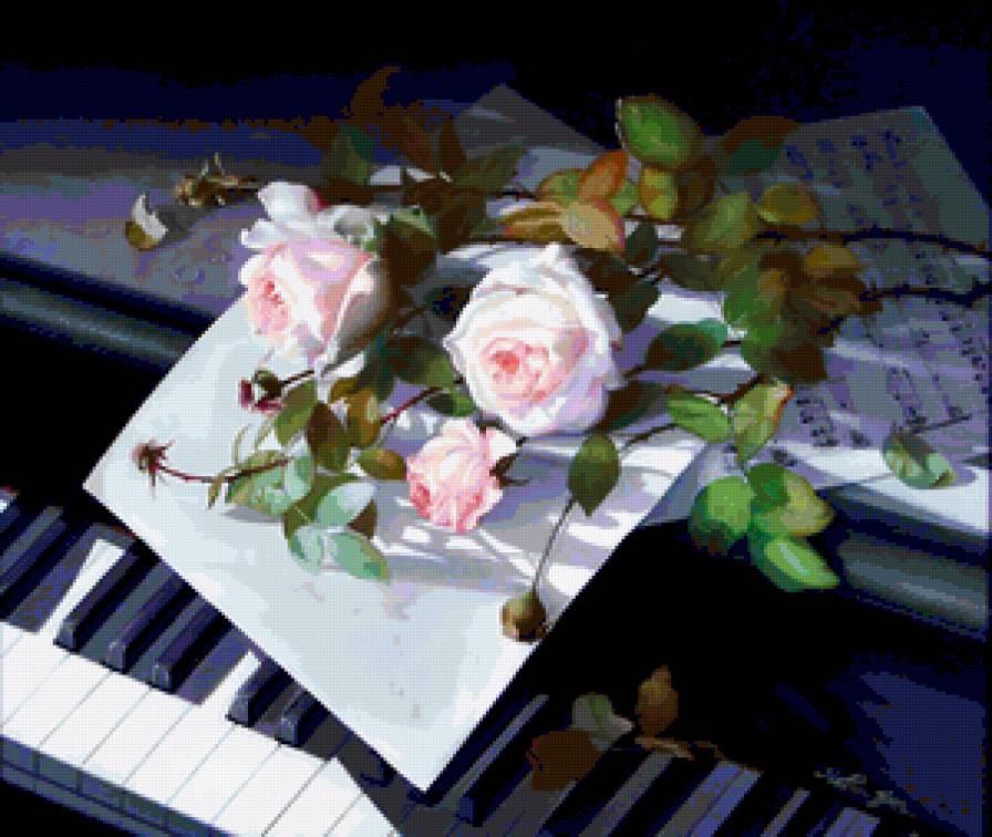 Романс - ноты, пианино, букет, рояль, цветы, розы - предпросмотр