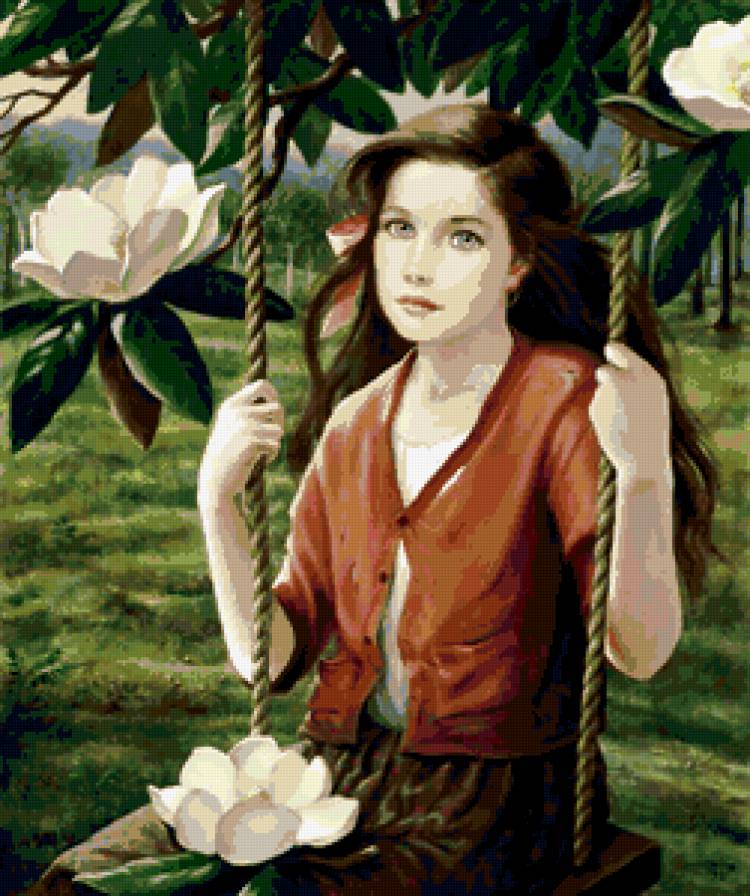 на качелях - девушка, качели, цветы - предпросмотр