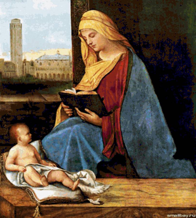 Джорджоне. Читающая Мадонна. - святые, портрет, женщина, девушка, люди, пейзаж., мадонна - предпросмотр