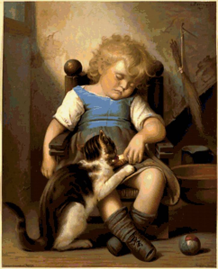 Притомилась - девочка, сон, кошка, игра - предпросмотр