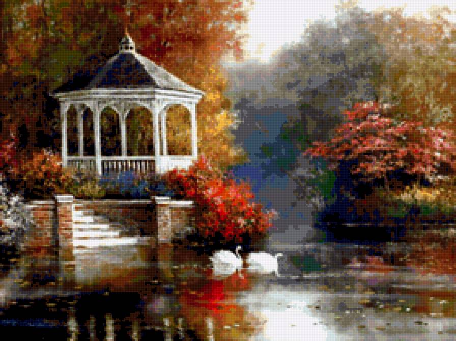 пейзаж - живопись, парк, река, пейзаж, лес, картина, природа - предпросмотр