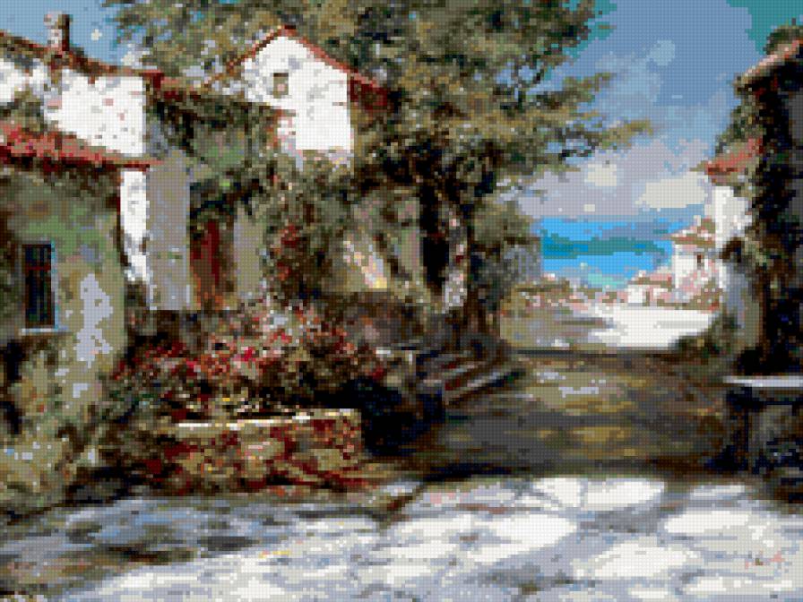 Деревушка у моря - деревня, пейзаж, море - предпросмотр