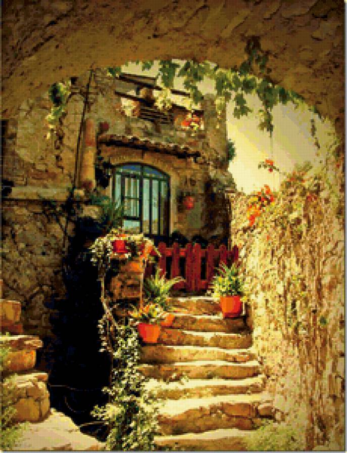 №239340 - цветы, сказка, домик, окно, ступеньки - предпросмотр