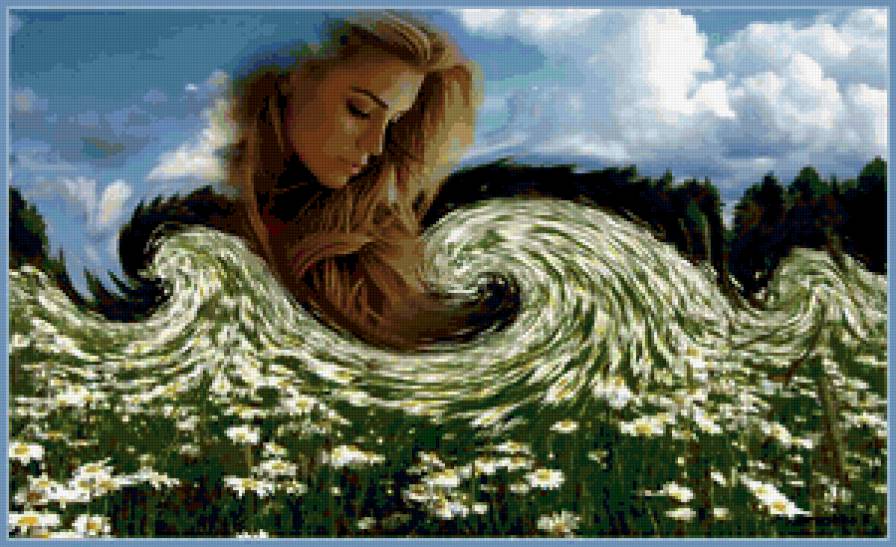 РОМАШКОВЫЕ ВОЛНЫ - женские загадки, незнакомка, волны, поле, ромашки, женщина, небо - предпросмотр