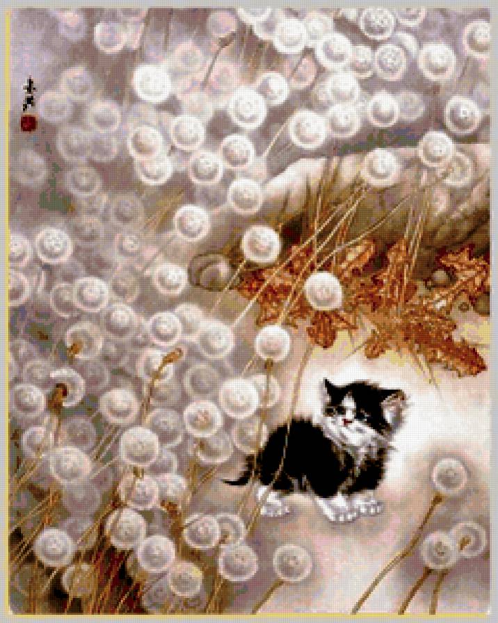 котенок в одуванчиках - животные, одуванчик, котенок, цветы - предпросмотр