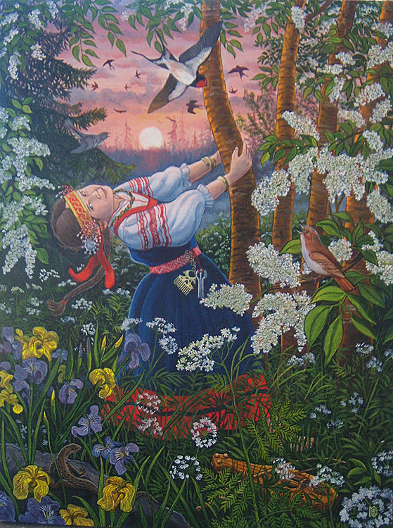 девочка - природа, русь, люди, лес, птицы - оригинал