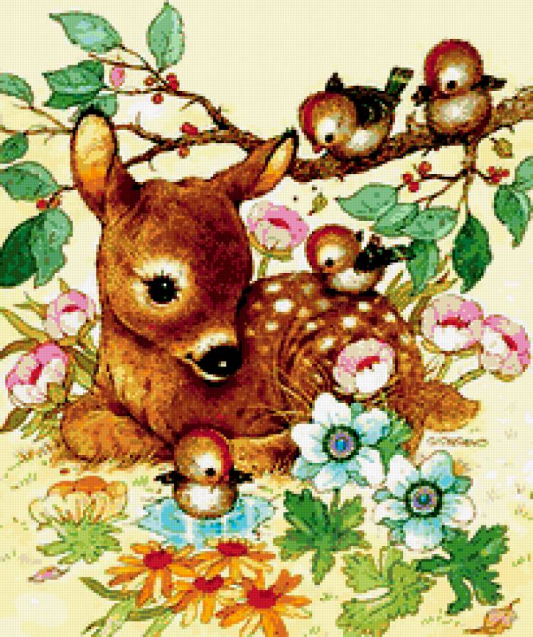 Олененок - олень, животные, птички - предпросмотр