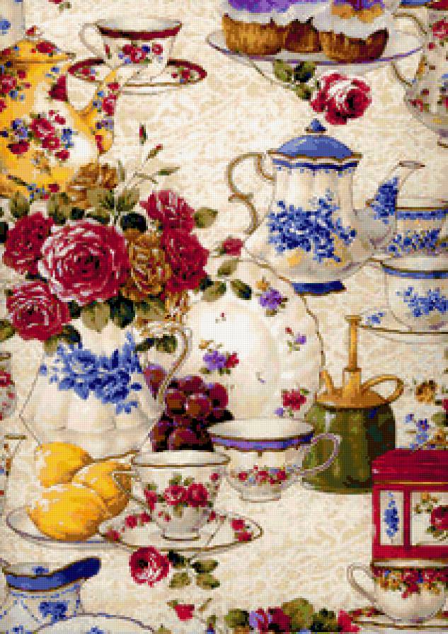 Панно для кухни - чайник, фарфор, на кухню, для кухни, посуда, фрукты, кухня, чашка, кофе - предпросмотр