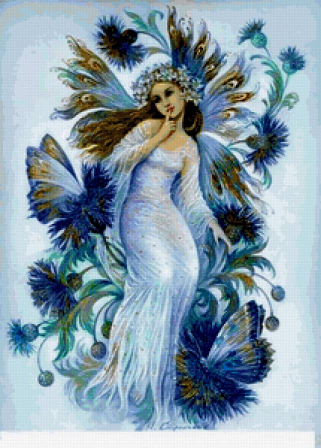 Феечка - девушка, цветы, фея, бабочки, васильки - предпросмотр