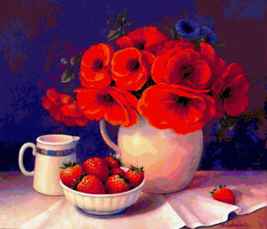 Натюрморт с маками - букет, маки, цветы, ягоды, клубника, натюрмор - предпросмотр